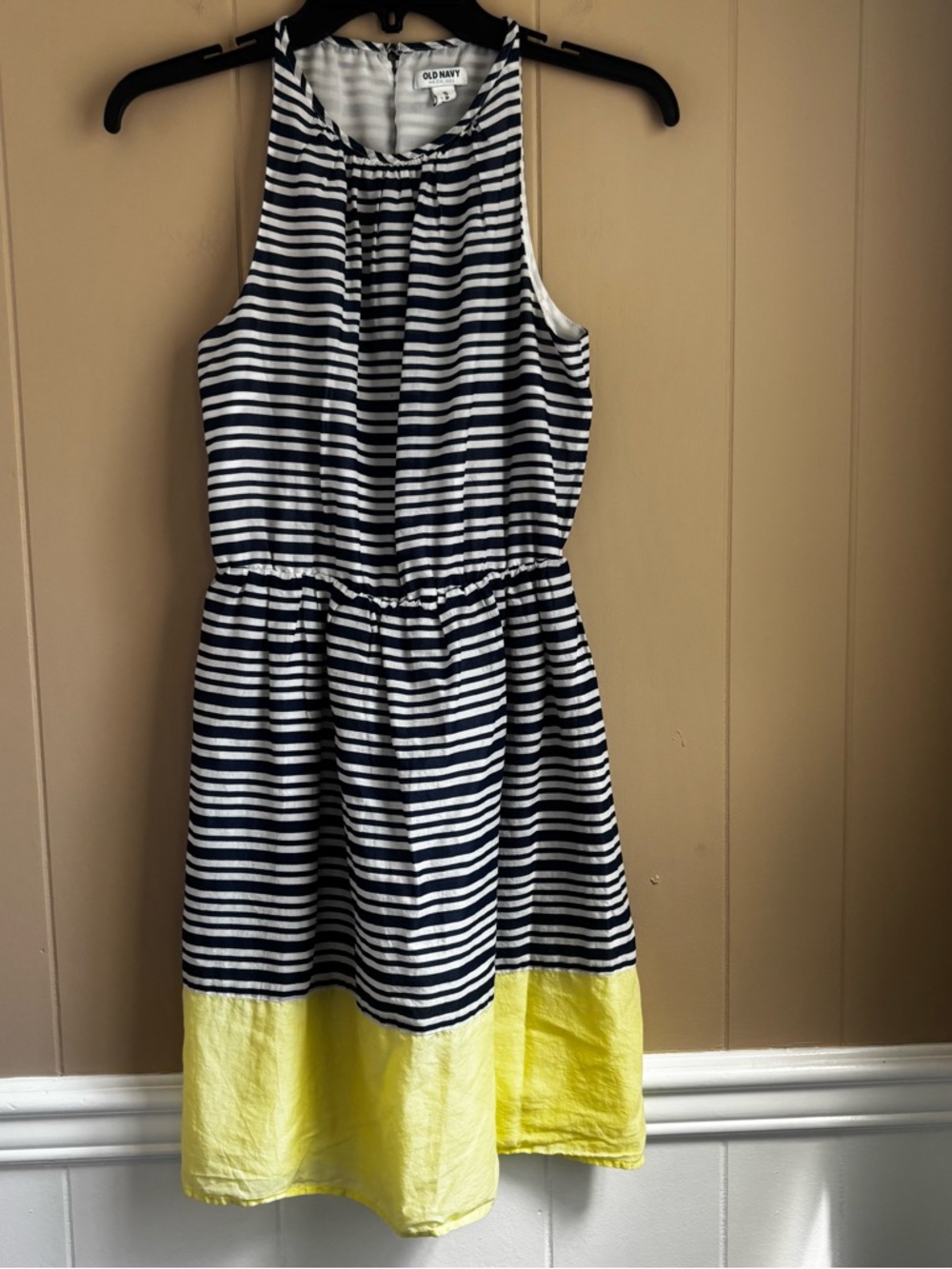 Old Navy Navy and White Striped Halter Dress with Yellow Hem. Size XS